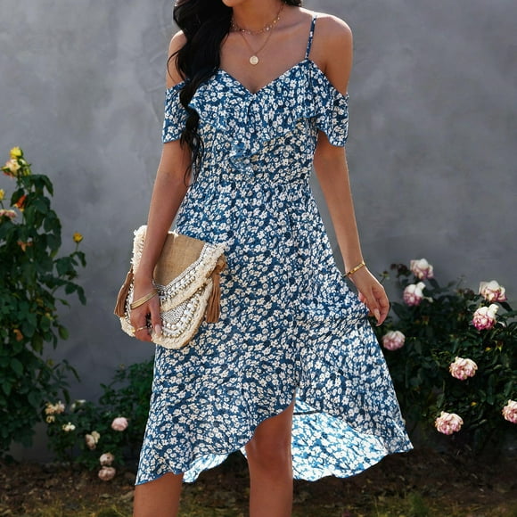 Womens Dresses Clearance Plus Size Women's Trendy Casual V-Neck Irregular Suspender Floral Print Off The Shoulder Pullover Dress Blue S JE