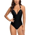 thumbnail image 2 of Wyongtao Women's One Piece Swimsuit Sexy Deep V Neck Bathing Suit Crisscross Back Self Tie,Black XXL, 2 of 7
