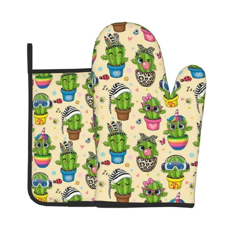 

Xecao Cute Cartoon Cactus Pattern Oven Mitts and Pot Holders Sets Heat Resistant Silicone Oven Mittens Extra Thicken Long Kitchen Cotton Oven Glove for Cooking