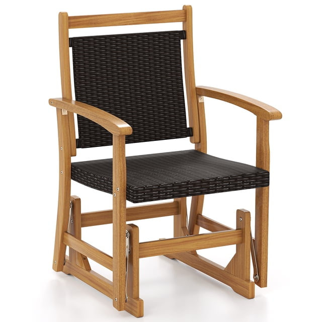 Gymax Patio Rattan Glider Chair w/ Acacia Wood Frame & Wicker Seat Back Armrests