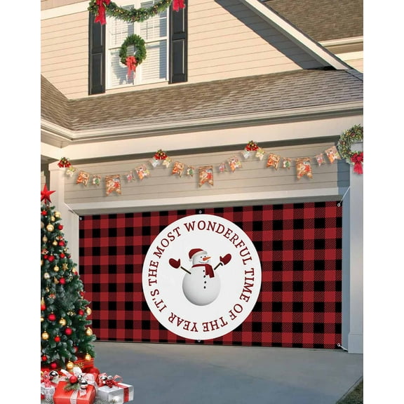 Garage Door Banner Cover 7 x 16 ft, Christmas Snowman Buffalo Red Black Plaid Christmas Garage Door Decorations Holiday Christmas Backdrop Decor for Winter New Year Xmas Party