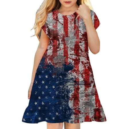 

Rovga Toddler Girl Dress Clothes Independence Day For Children 4Th Of July 3D Graphic Printed Short Sleeve Kids Casual Soft Party Princess Dresss
