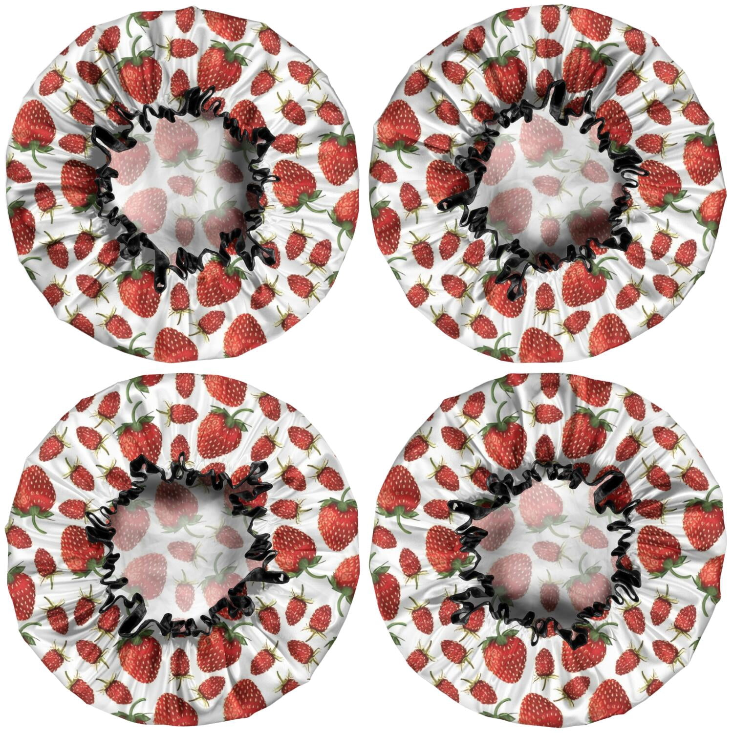 Shower Caps,Red Strawberry Plants Fruit White Pattern Waterproof Shower Cap for Women 4 Pieces,Double Reusable Hair Cover for Shower PEVA Elastic Stretch Hem