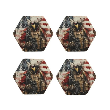 

Leather Coasters Set of 4 - Bald Eagle Soldier Lightweight Non-Slip Drink Coasters for Desk Anti-Scalding Desk Cup Coasters for Office Table Decor Hexagon