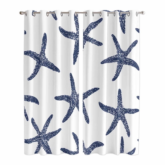 Navy Blue Starfish Coastal Kitchen Curtains 84 Inch Length, Nautical Summer Beach Ocean Grommet Top Bedroom Living Room Curtains, Light Filtering Cafe Curtain Drapes 2 Panels Set 84''x84''