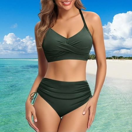 Tankini Set  Women S Swimwear Fashion Retro Print Casual 2 Piece Bikini Set Green Women Blending Bikinis L