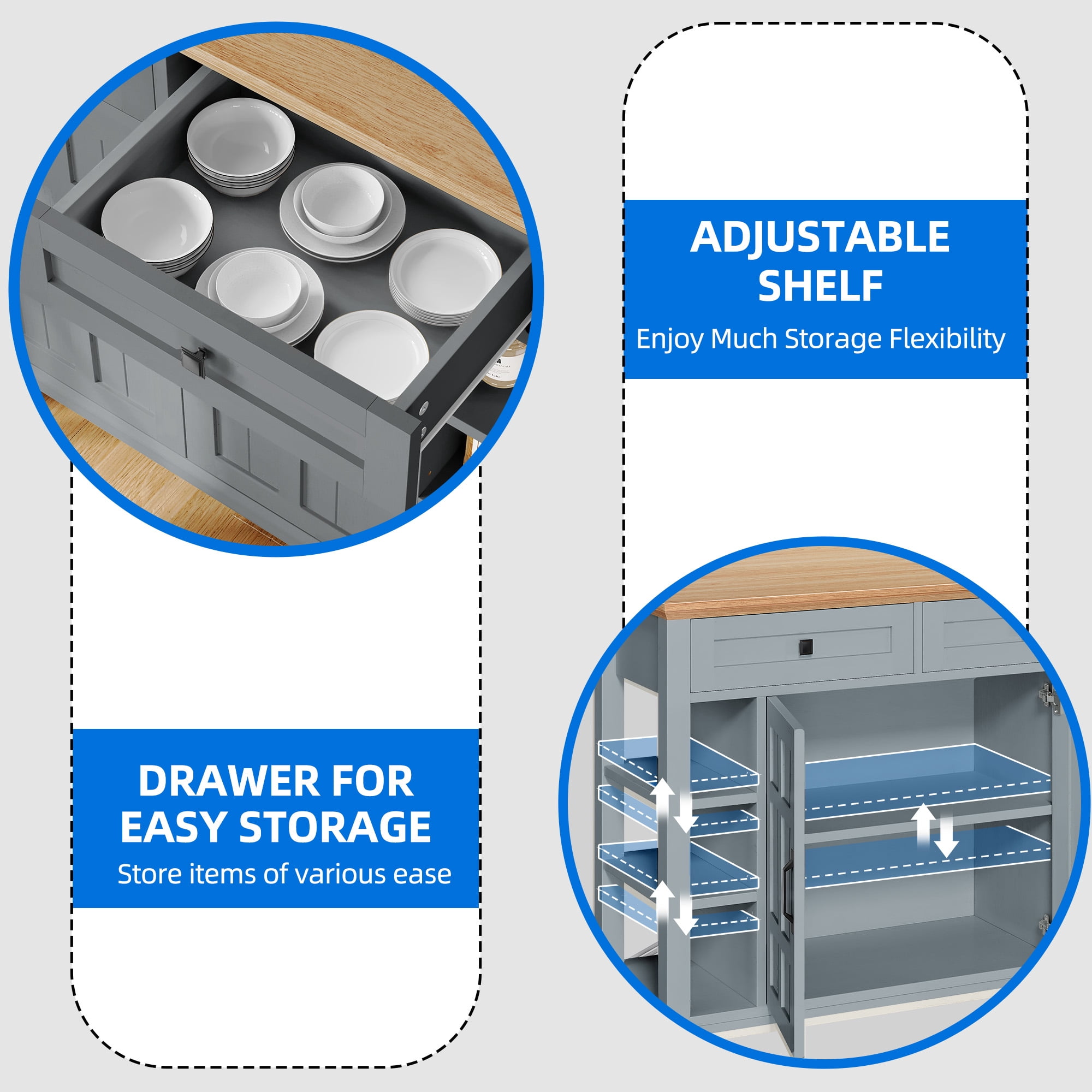Uforic Kitchen Island Cart with Power Outlets, Kitchen Storage Trolley Cart with Storage Shelves & Drawers, Blue Gray