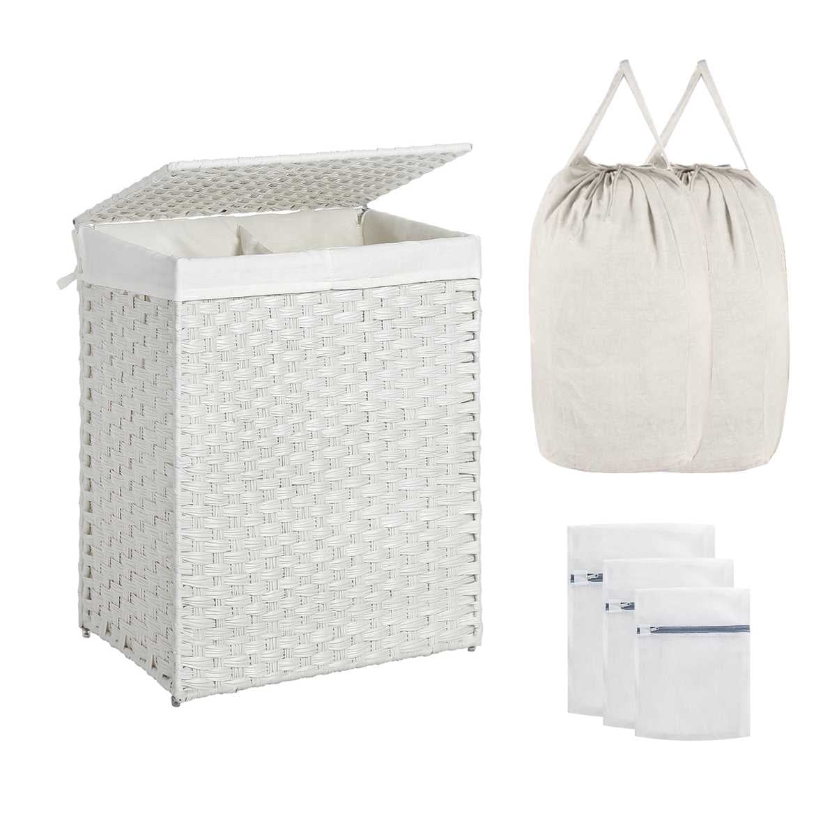 Double Laundry Hamper with Lid - 110L Capacity, 2 Removable Washable Liners & 6 Mesh Bags, Steel Frame & Breathable Rattan, 2-Section Sorting for Laundry Room, White
