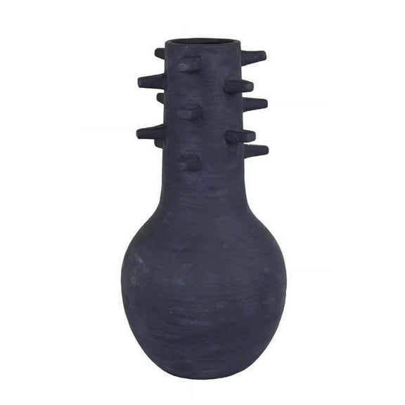 Enya Flower Vase, 3D Spiked Accent Narrow Neck, Black Ceramic, 18 Inch