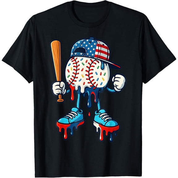 Baseball Drip for Boys Ice Cream Drip Kids Boy American Flag T-Shirt, T-Shirt for Kids Youth, 180gsm, 100% Cotton
