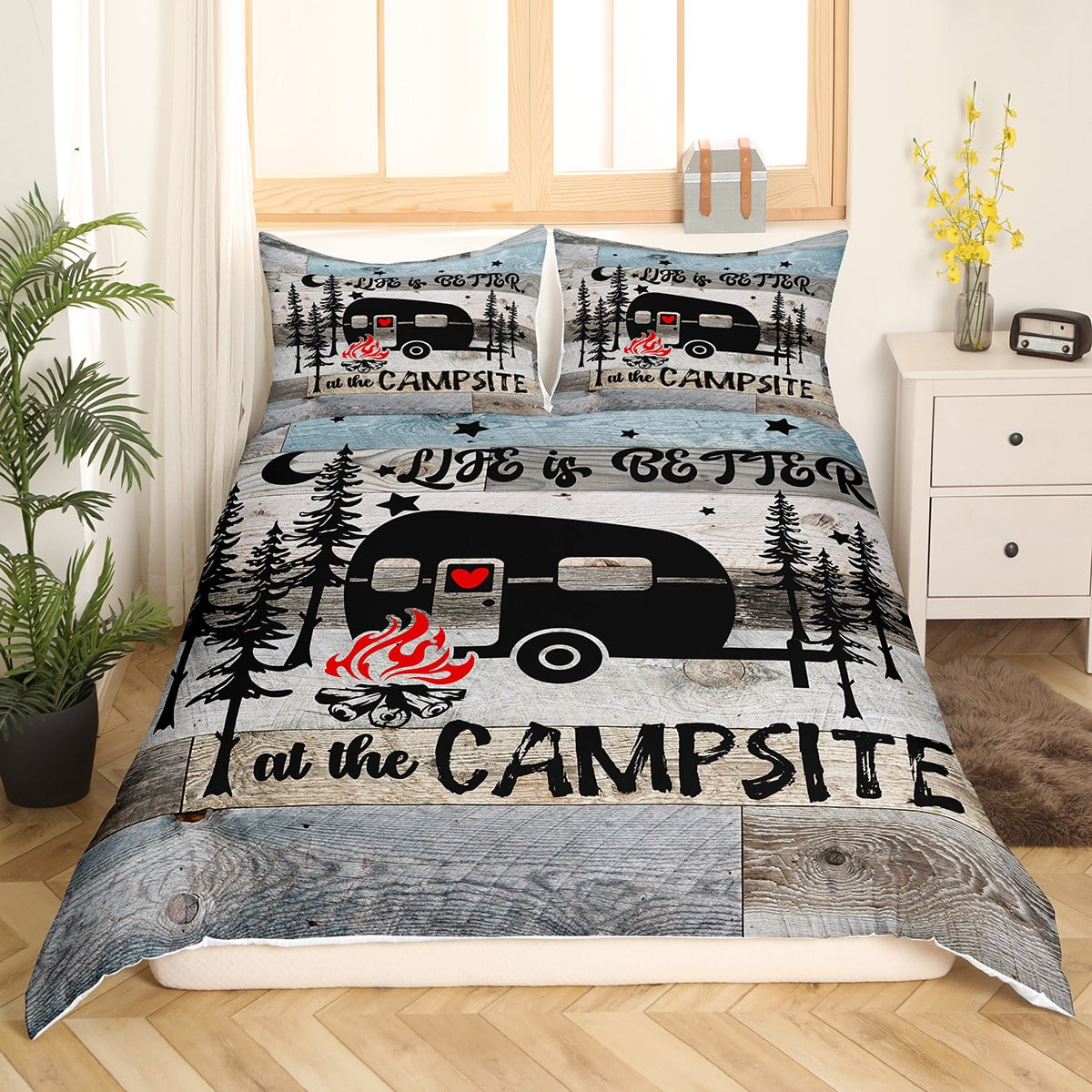 Rustic Farmhouse Duvet Cover Twin Camper Bedding Set For Travel Trailers Happy RV Camping Comforter Cover Life Is Better At The Campsite Bed Set For All Season 1 Pillow Case Blue Grey Black Walmart ...