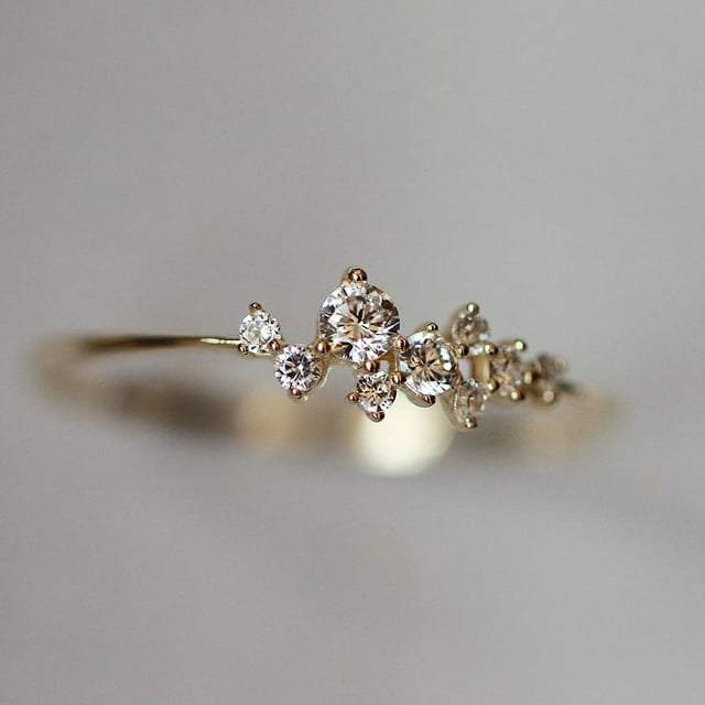 Anillo de mujer con diamantes irregulares y estrellas bañados en oro de 14 quilates en plata de ley S925, anillo extremadamente fino