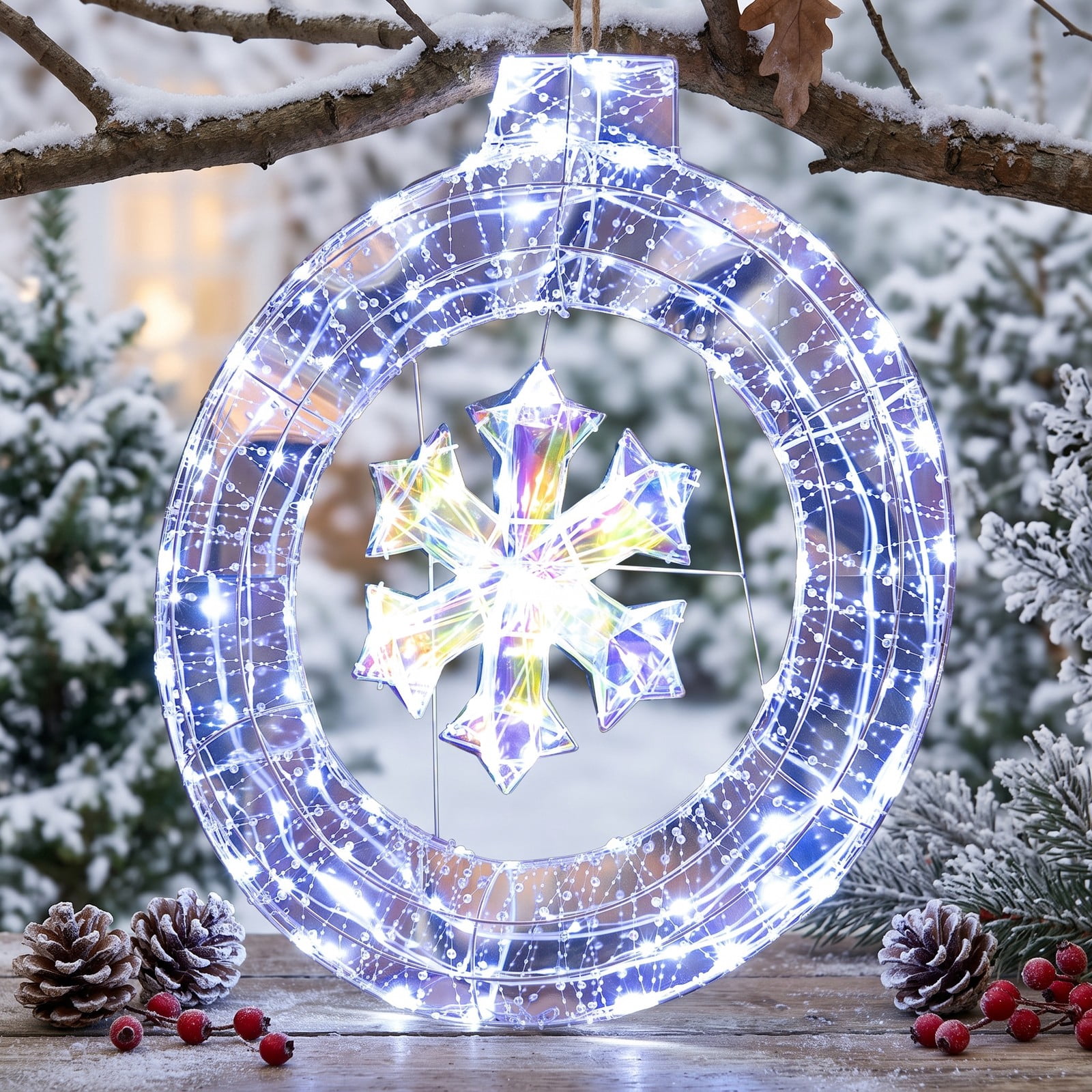 RUIE 33 Inch Lighted Christmas Snowflake Ornament with 128 Cold White LED Lights, Hanging Ring and Support Bracket for Indoor Outdoor Holiday Door Decoration, Cold White
