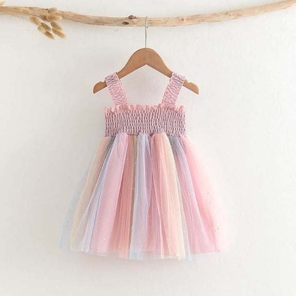 Jinhomg Toddler Tulle Princess Dress Cute Spaghetti Strap Smocked Midi Dresses Summer Colorful Mesh Tutu Dress Girls Daily Playwear Hot Pink 1 Years