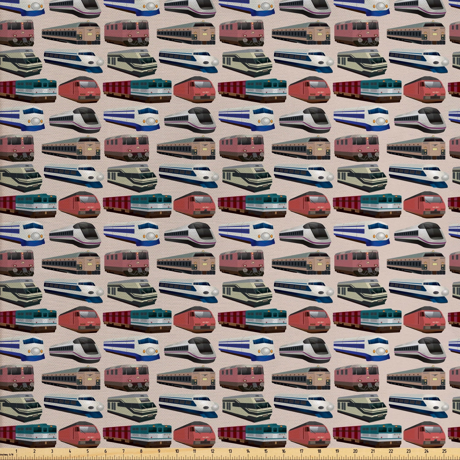 Train Fabric by The Yard, Continuous Pattern with Various Types of