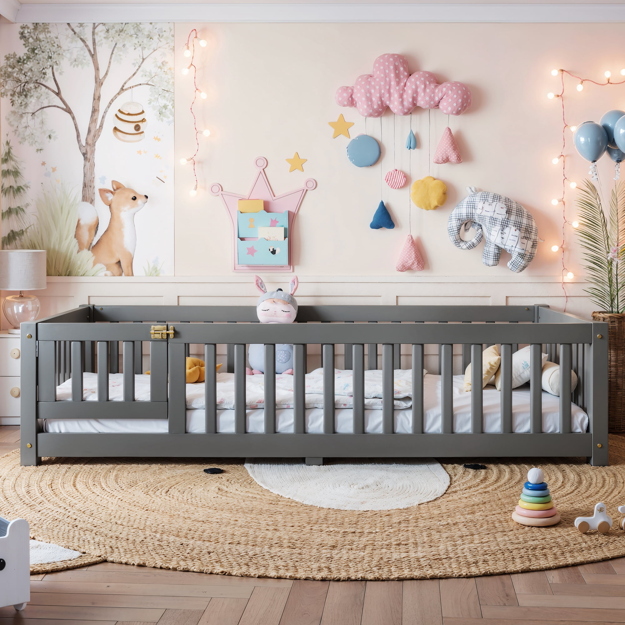 Twin Size Kids Floor Bed with Door and Full-Length Guardrails, Wood Montessori Floor Bed with Support Slats, Toddler Bed for Boys Girls, No Box Spring Needed Design