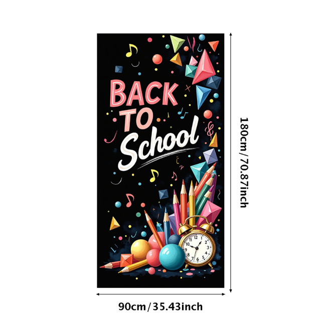 Colorful Back to School Themed Banner with Alarm Clock Pencils and Compass Background Decorations for School Events Classroom Decorations Photo Props and Party Supplies