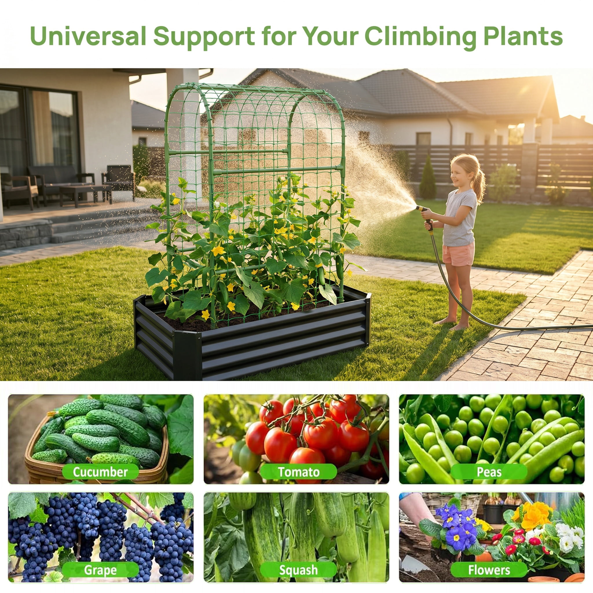 2-in-1 Galvanized Metal Raised Garden Bed with 59" Arch Trellis, 4×2×1 FT Outdoor Planter Box with Climbing Net for Vegetables Fruits Flowers