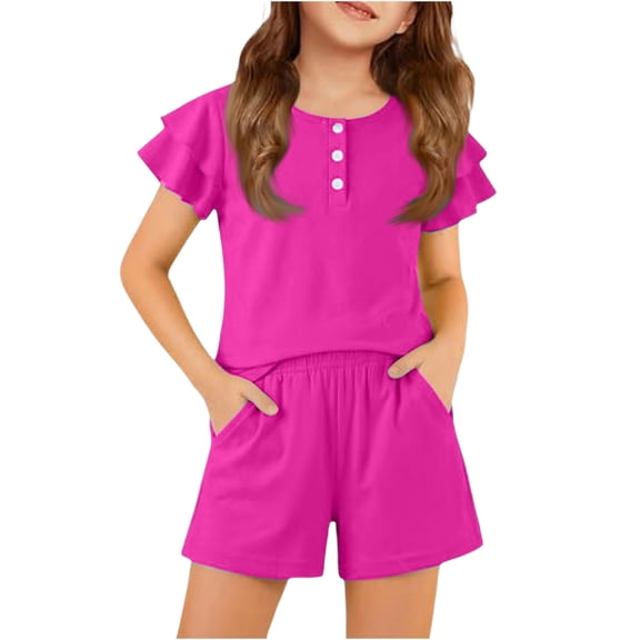 Abcomgle Girls 2 Piece Outfits Size 10-12 Ruffle Sleeve Button Down T-Shirts and Elastic Waist Shorts Cute Trendy Girls Short Sets,Hot Pink,11-12Years