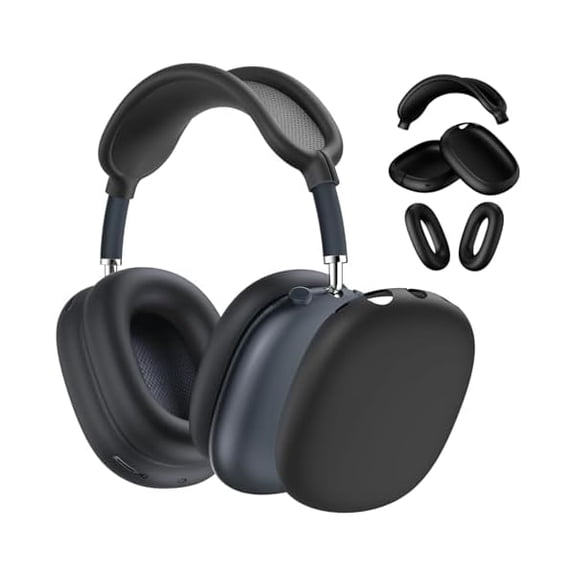 Eryueer 3-in-1 Silicone Case Cover compatible with AirPods Max Headphones, Apple AirPod Max Accessory Protective Cover, Headband/Ear Cups/Ear Pad Covers, Anti-Scratch and Sweatproof (All Black)