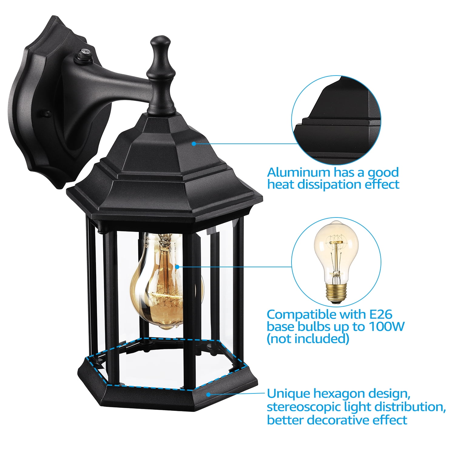 Dusk to Dawn Sensor Outdoor Wall Lanterns, Exterior Wall Light Fixture with E26 Socket, UL Listed, Wall Mount Sconce Waterproof Matte Black Wall Lamp with Clear Glass