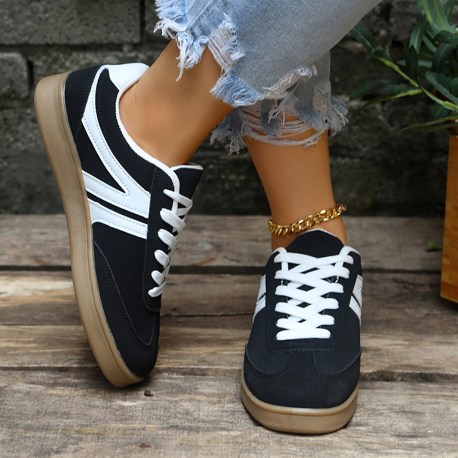 Tennis Shoes Womens Lace up Retro Classic Trainers Skate Shoes Fashion Suede Color Block Sneakers Nonslip Flat Walking Shoes Black Size 8.5