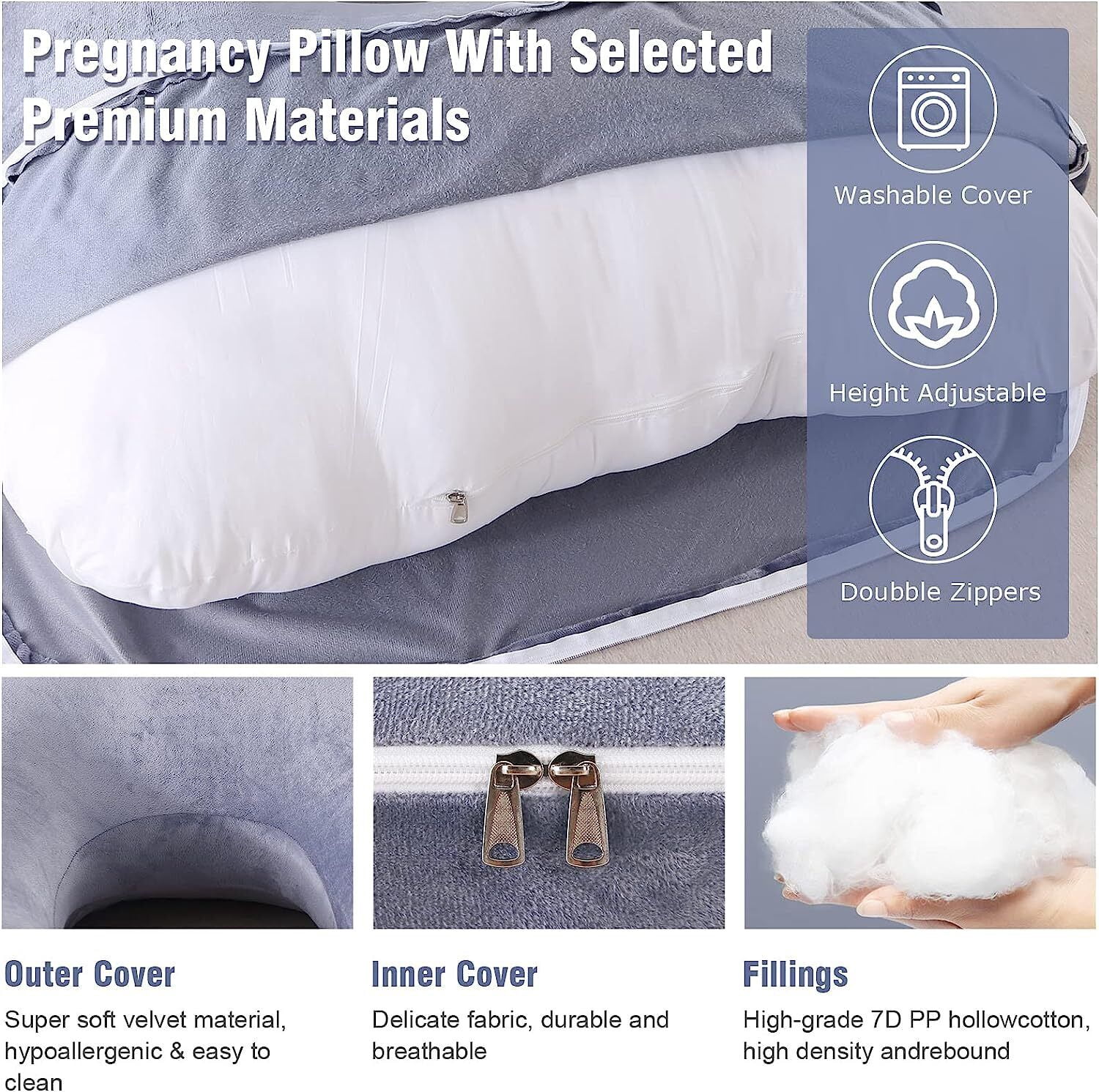 SHANNA Pregnancy Pillow 57 inches J Shape Full Body Maternity Pillow Belly Countered Support for Pregnant Women, Dark Gray