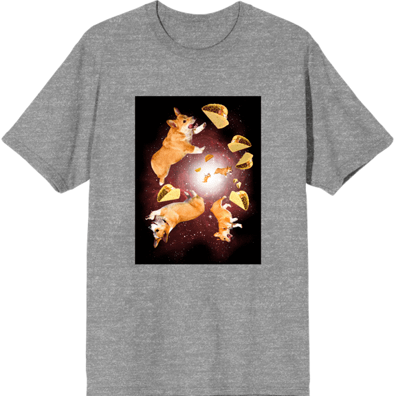 Corgi And Tacos In Space Adult Short Sleeve Tee-Medium-Heather Gray