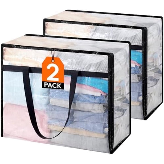 2 Pack Clear Blanket Storage Bags, Foldable Plastic Clothes Organizer with Zipper, Closet Organization Containers and Moving Bag for Comforter, Bedding, Duvet, 40L