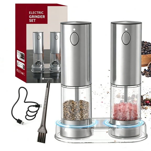 Rechargeable Electric Salt and Pepper Grinder Set, 95ml Automatic Stainless Steel Pepper Mill with LED Light, 5 Adjustable Coarseness