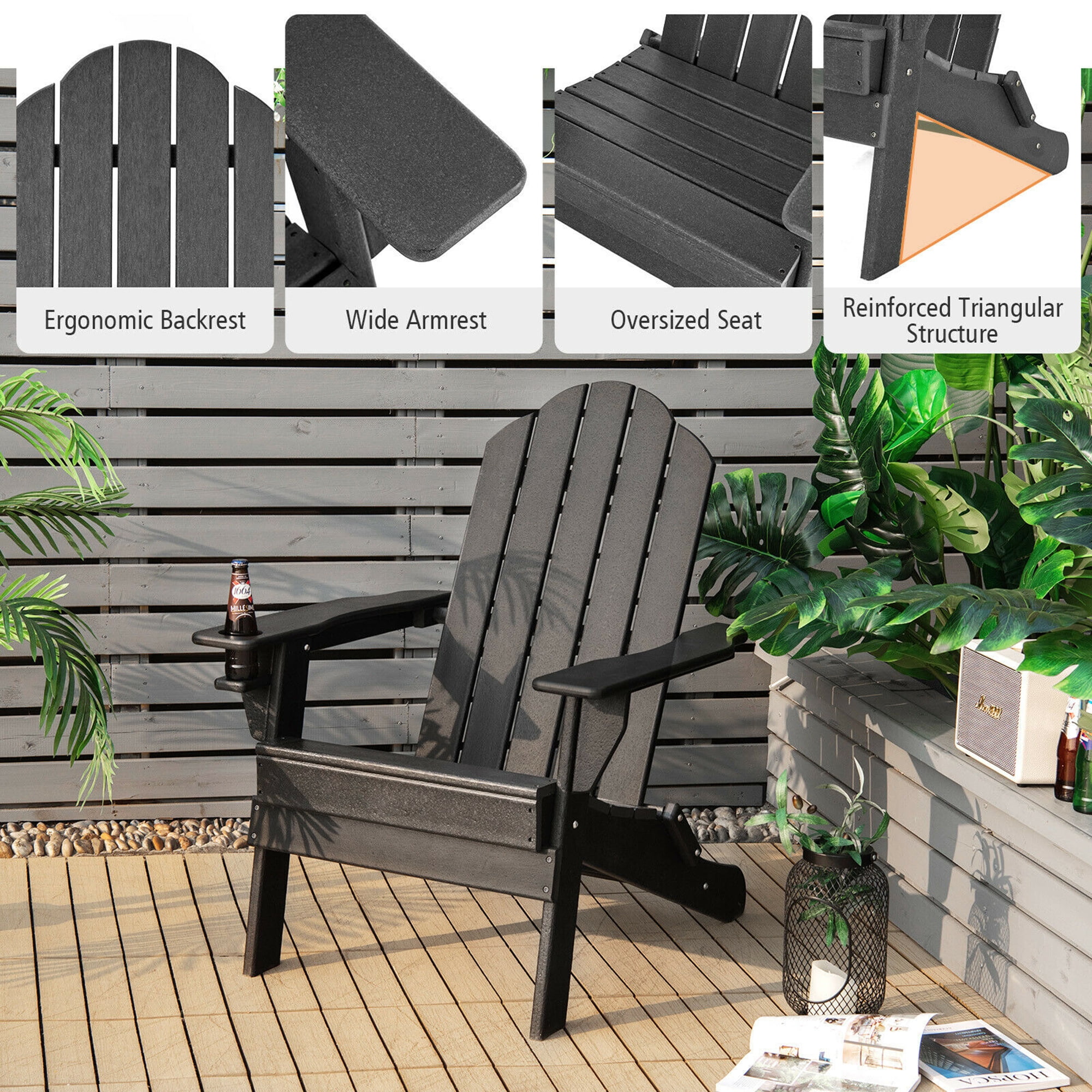 Gymax 2PCS Patio Folding Adirondack Chair Weather Resistant Cup Holder Yard Black