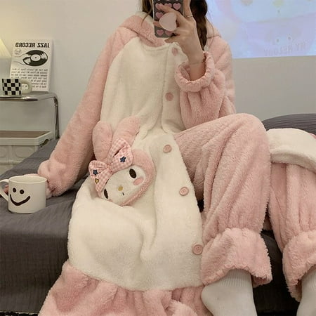 

CoCopeaunt Pink Kawaii Fleece Pajamas Set Cartoon Animal Nightgown Winter Coral Thickened Long Eared Rabbit Soft Nightdress Suit Home Wear