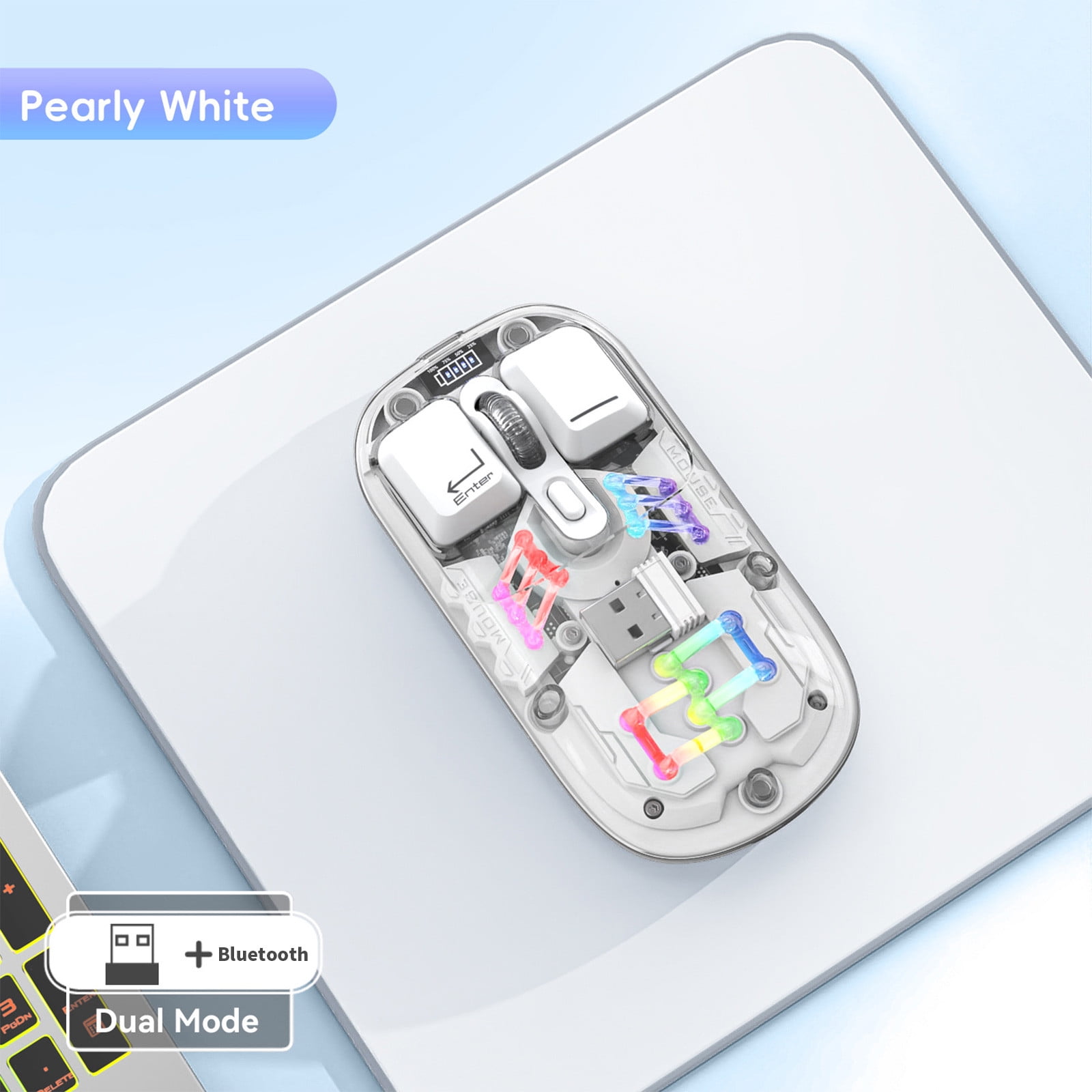 SPOORYYO Transparent Wireless Mouse with Dual 2.4G/Bluetooth 5.0 Connection, RGB Backlight, and Type-C Rechargeable - High-Capacity Battery and Precision Sensor for Office and Gaming