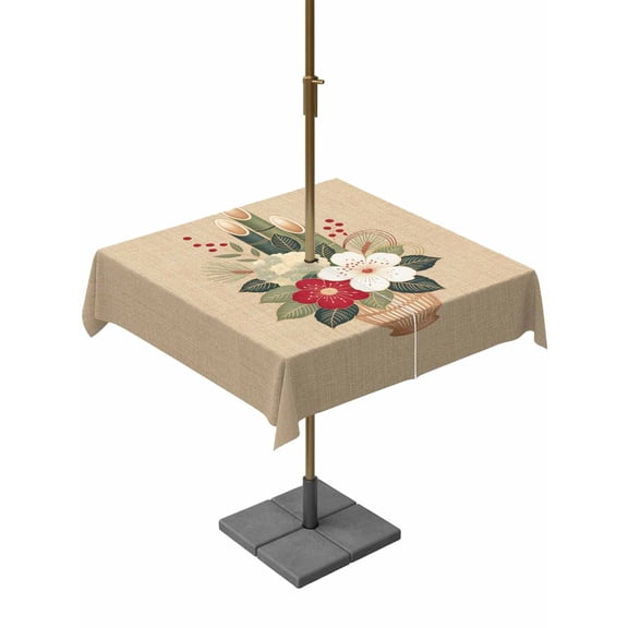 Outdoor Tablecloth with Umbrella Hole for Patio/Picnic/Party/Camping, Cherry Blossoms Waterproof Table Cloth Square Cover Washable, Japanese Spring Floral Leaves Vintage Beige (60"x 60")