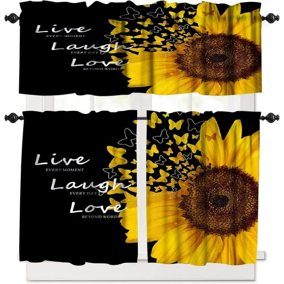 Black Yellow Sunflower Kitchen Curtains and Valances Set Farmhouse Rustic Wood Curtains Set Flower Kitchen Window Curtains Tier and Valance Curtain Set for Bedroom Living Room 52x18 & 27x24x2, 3 Panel