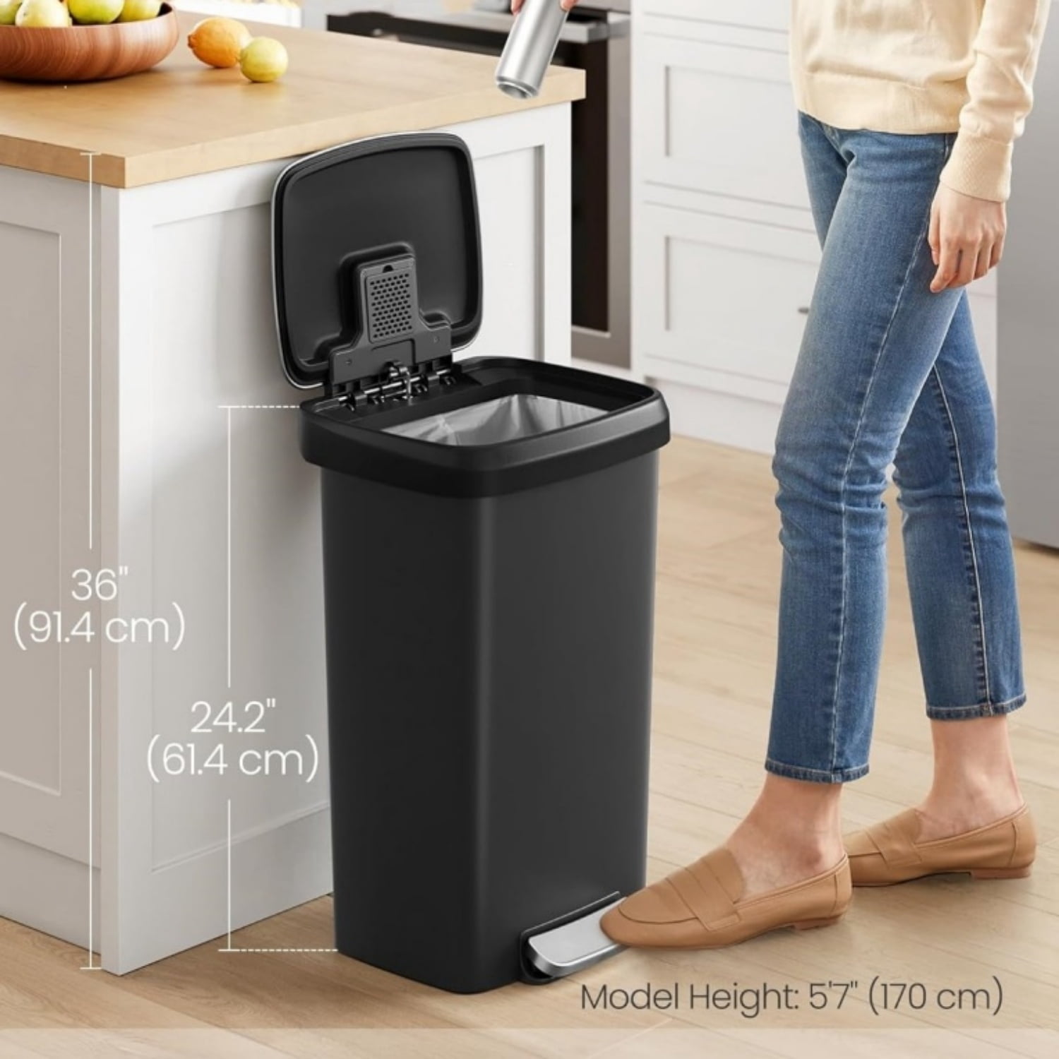 Plastic Kitchen Trash Can, 12-Gallon (45 L) Garbage Can with Stainless Steel Lid, Soft Close, Ink Black