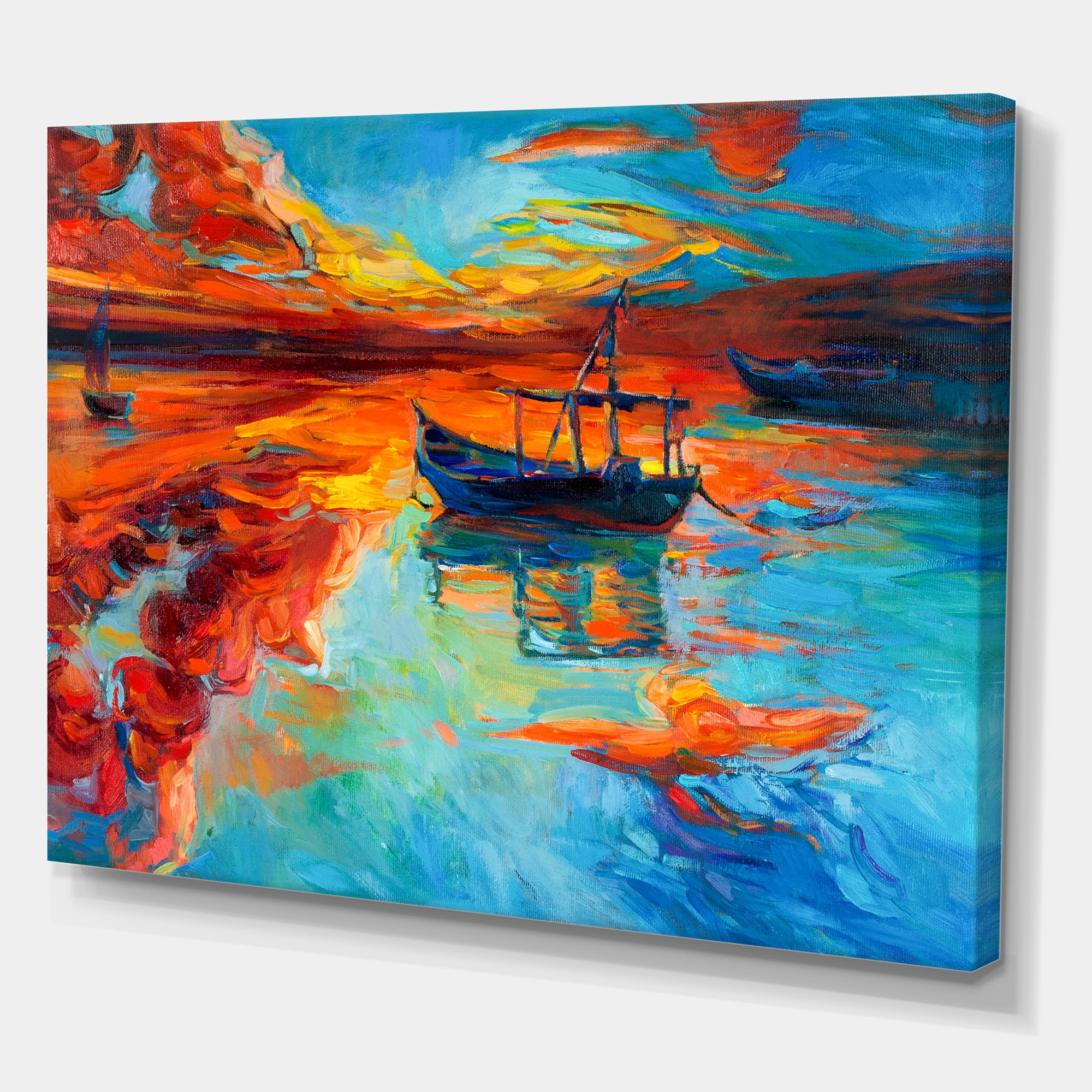 Designart ' Boat At The Lake During Evening Glow IV ' Nautical & Coastal Canvas Wall Art Print