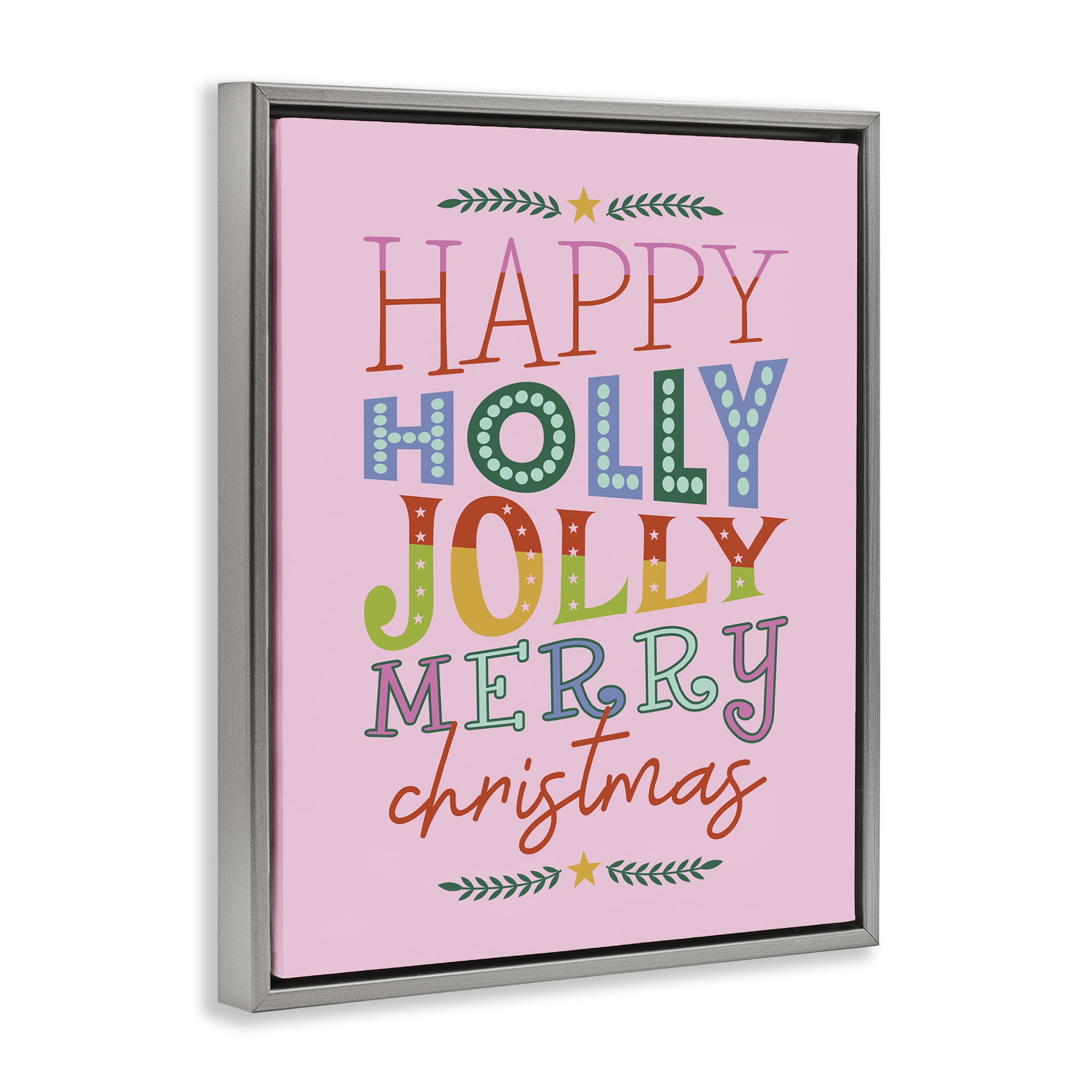 Stupell Industries Happy Holly Jolly Xmas Holiday Painting Gray Floater Framed Canvas Art Prints Wall Art, 25 x 31