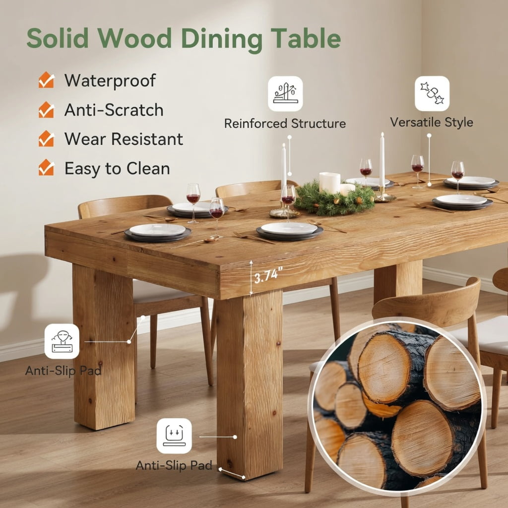 Hommoo 63 Inch Solid Wood Farmhouse Dining Table, Rustic Kitchen Table for 4-6 People, Heavy-Duty Wooden Legs, Waterproof Finish, Easy Assembly, Natural