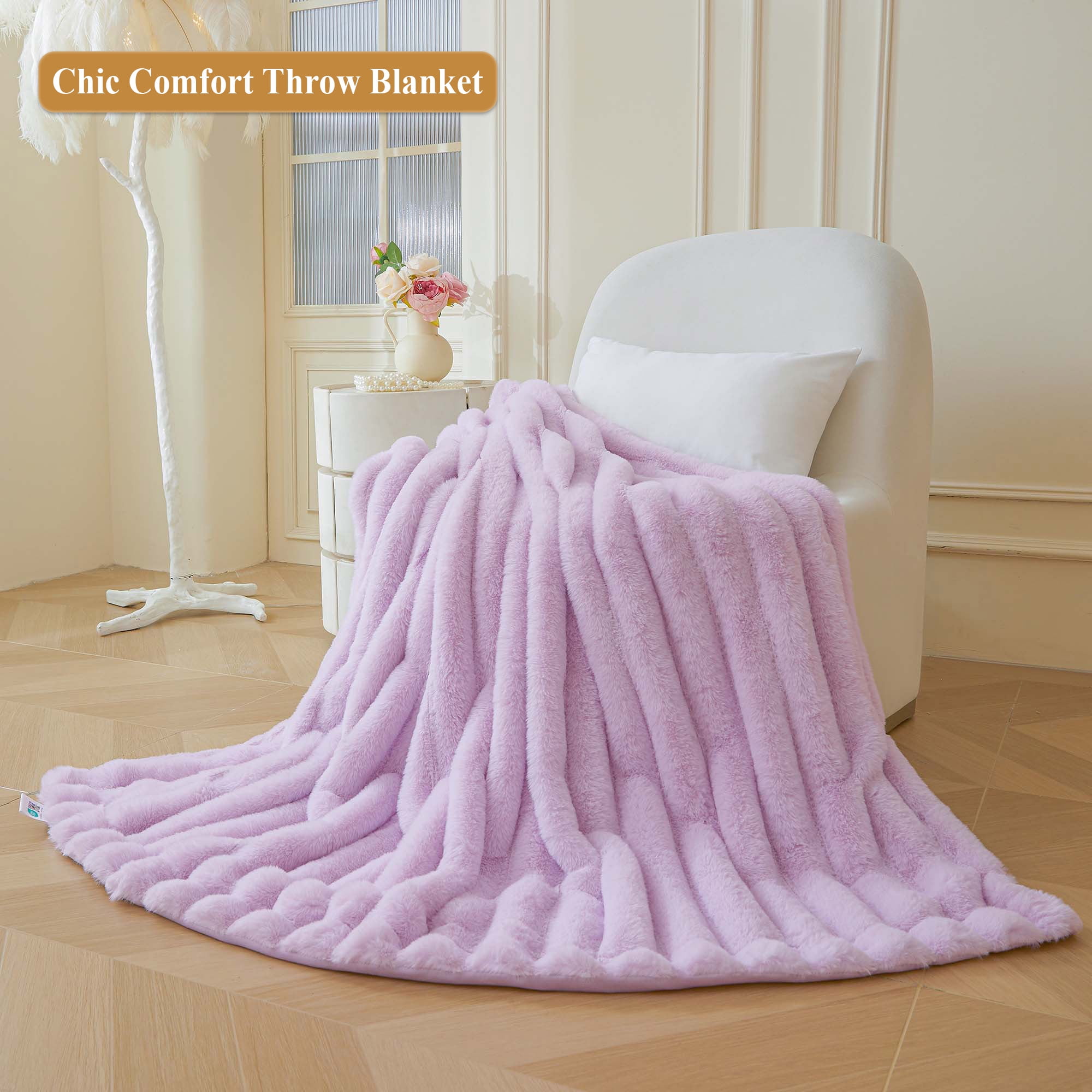 XeGe Fluffy Faux Rabbit Fur Bed Blanket, Soft Wide Stripe Plush Fuzzy Throw for Couch Sofa, Light Purple Shaggy Throw Bedroom Living Room, Large Furry Blanket for Kids Girls Adults, 60x90, Lavender