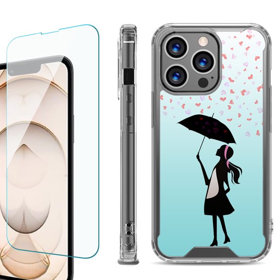 Shockproof Bumper Phone Case for iPhone 13 Pro Max, with Tempered Glass Screen Protector, by OneToughShield ® - Rain/Hearts