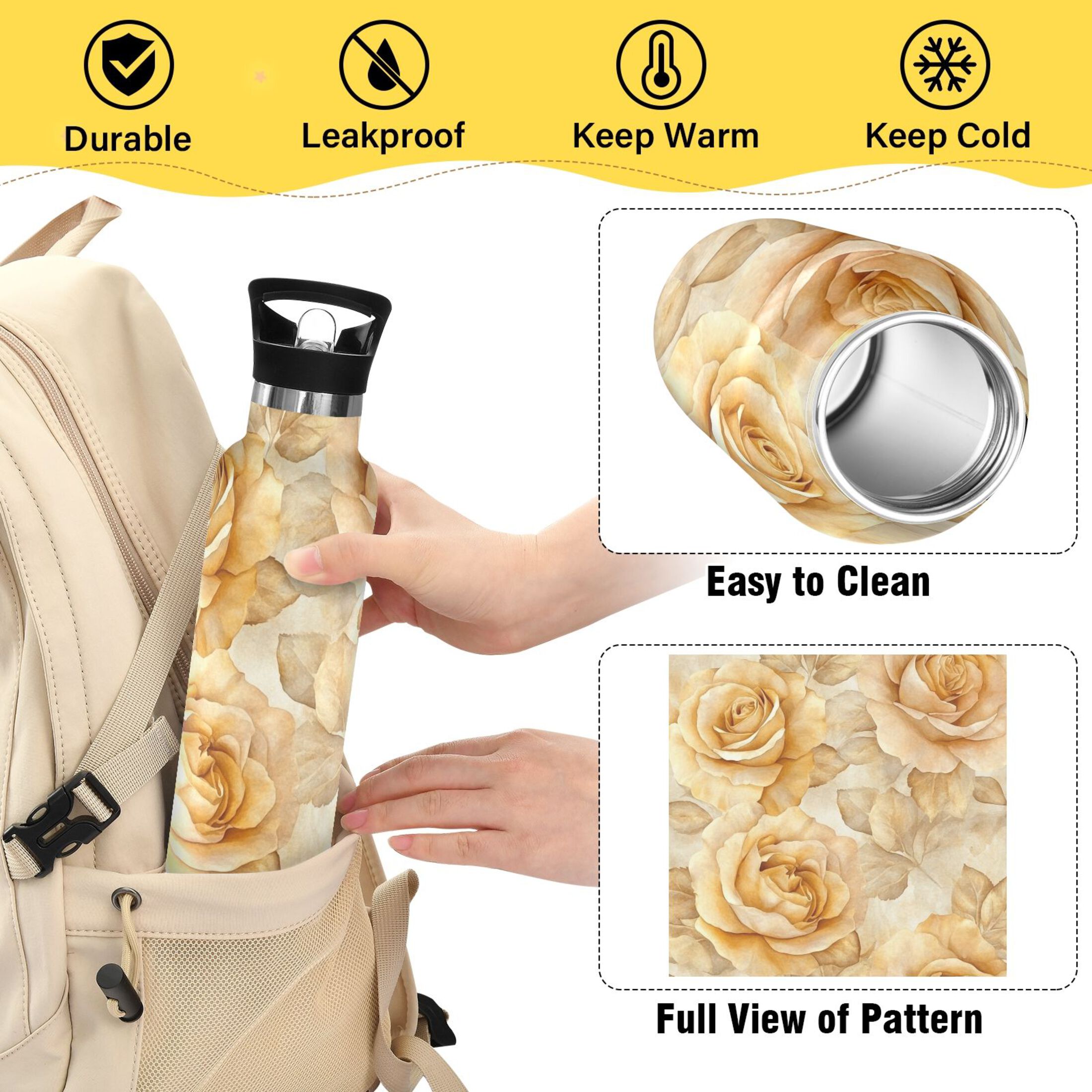 600ML Stainless Steel Insulated Cup Sports Water Bottle Portable Thermos Cup Water Glasses Insulated Tumblers Convenient and Durable Yellow Roses