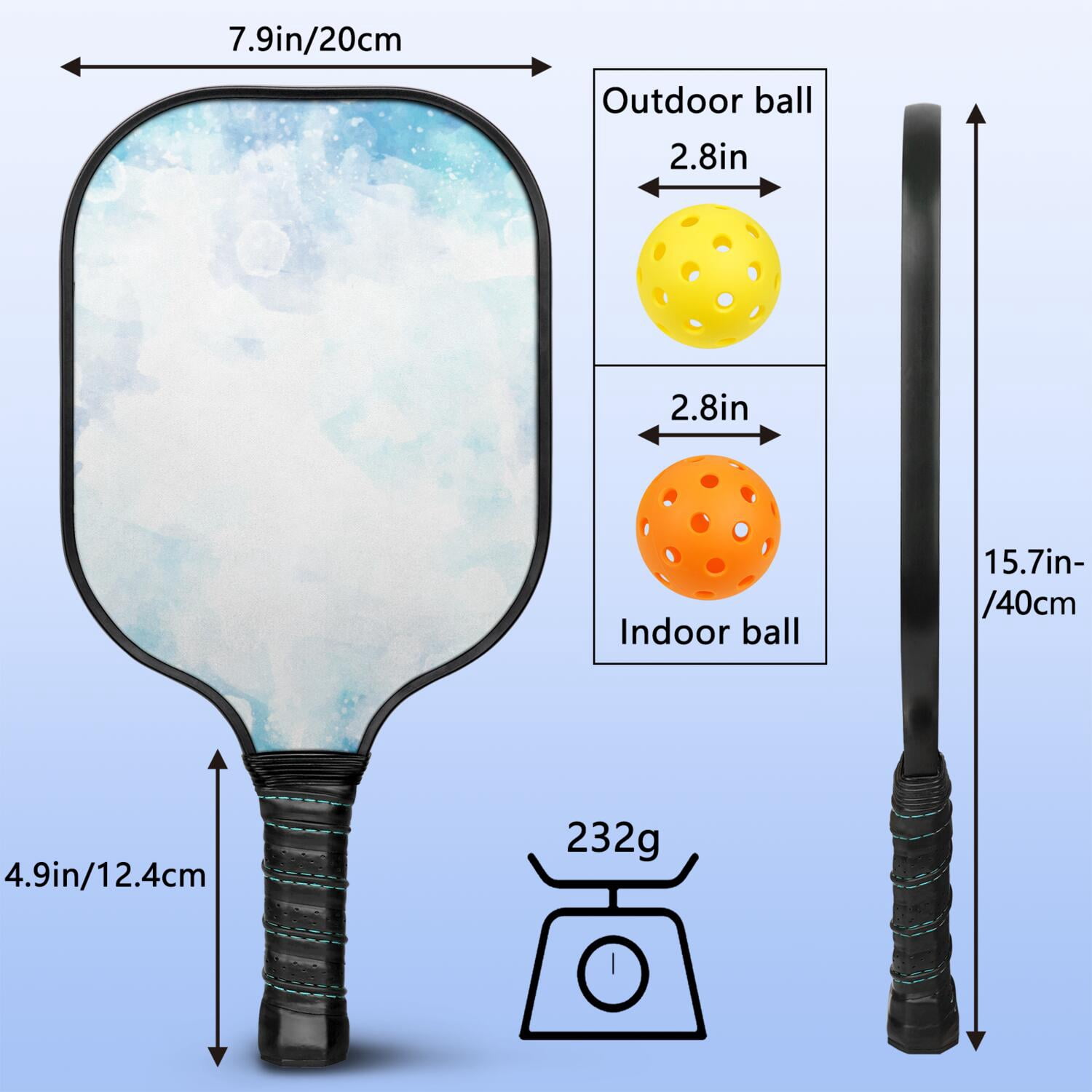 Pickleball Paddles Set Of 1, Fiberglass Surface, Ice Crystal Print, 1 Paddle, 2 Balls & Bag