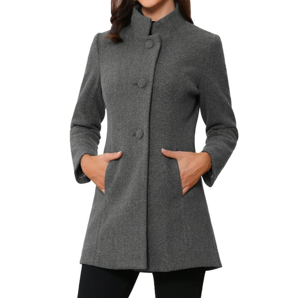 Abrigo de mujer INSPIRE CHIC de longitud media con cuello alto, de un solo botón, abrigo de invierno, gris claro, talla XS