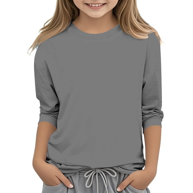 2025 Chemises Filles Manches 3/4 Mode Couleur Unie Col Rond Hauts Chemises Décontractées Gris