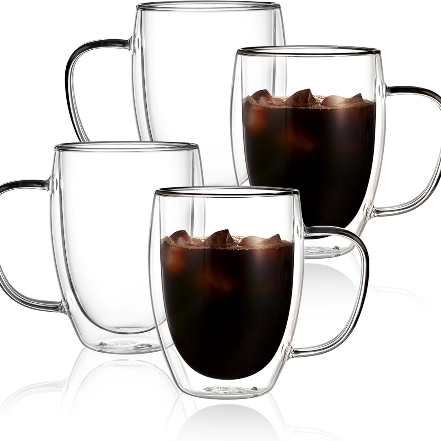 12oz Double Walled Glass Coffee Mugs(4-pack),Insulated Glass Mugs with Handle,Clear Espresso Cups for Latte,Cappuccino,Tea Bag