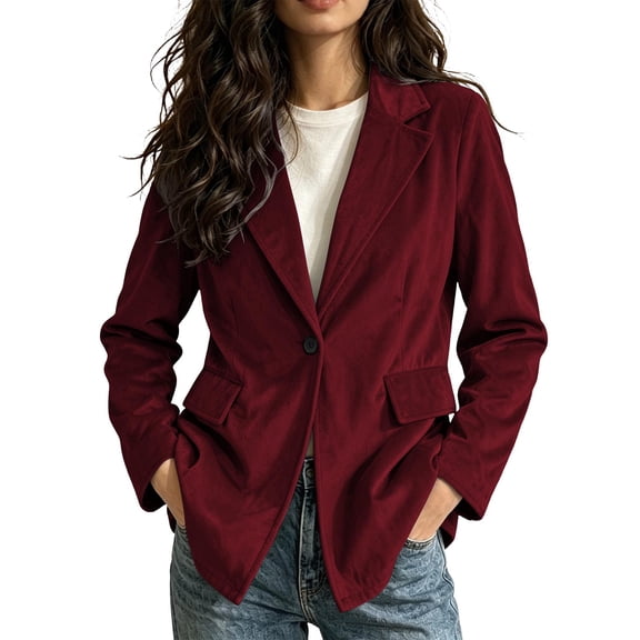 Floleo Women's Velvet Single Button Blazer Notched Lapel Casual Suit Jacket Long Sleeve Solid Color Relaxed Fit Outerwear