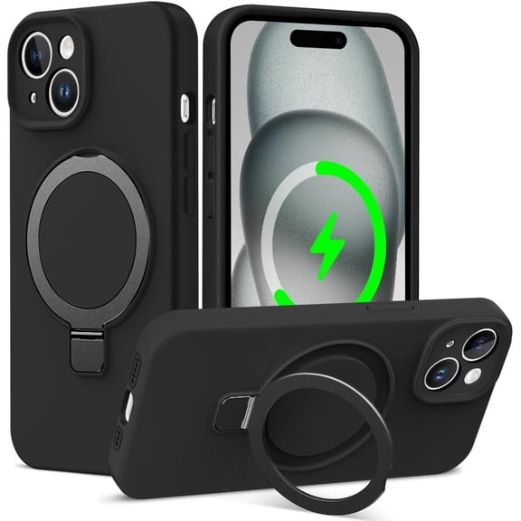 Liquid Silicone for iPhone 15 Plus Case with Magnetic Stand, [Mil-Grade Drop Plustection] [Soft Anti-Scratch Microfiber Lining] Slim Non-Slip Phone Case for iPhone 15 Plus 6.7'', Space Black