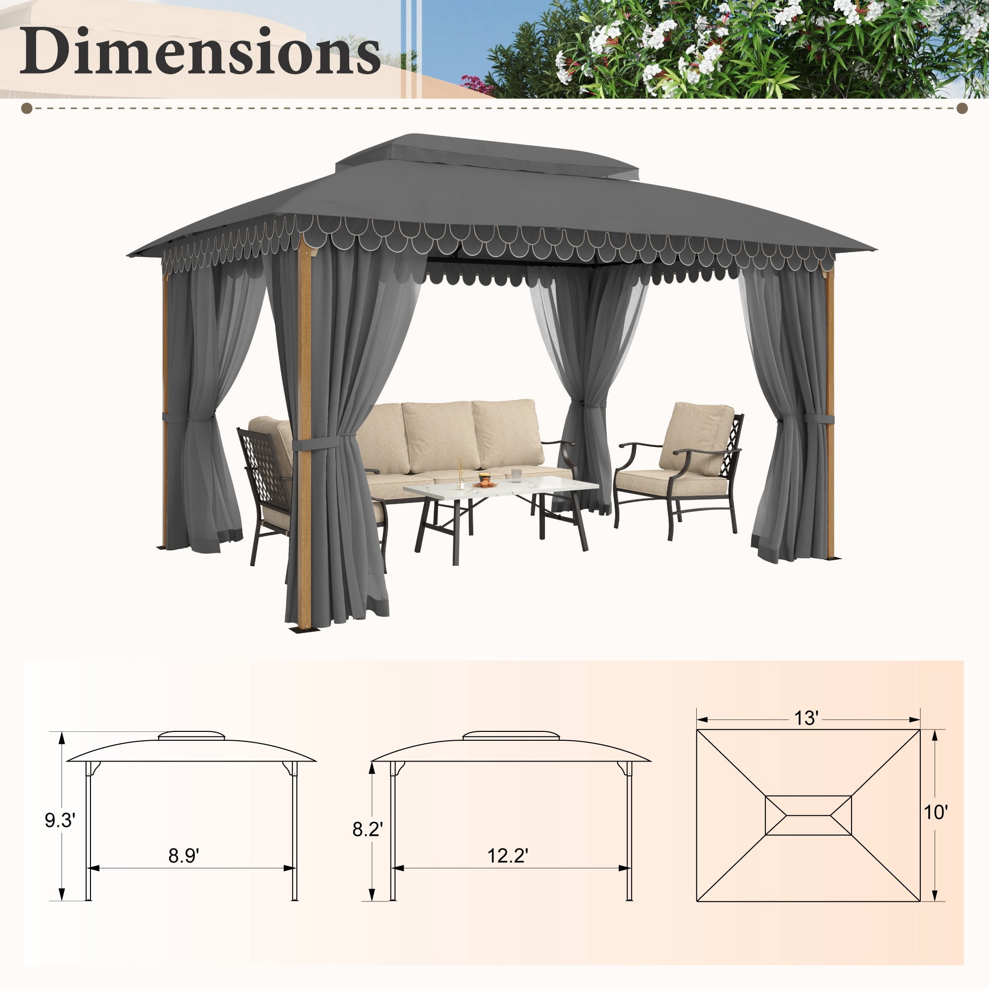 Summit Living 10'x13' Outdoor Patio Gazebo Heavy Duty Gazebos Canopy Shelter with Double Roofs Mosquito Netting and Privacy Screens for Outside - Gray
