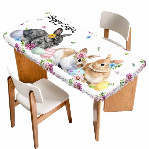 Happy Easter Table Cloths for 4 Foot Rectangle Tables, Cute Rabbits Eggs Daisy Flowers Plants Watercolor Patio Waterproof Elastic Fitted Tablecloths, Washable Rectangular Table Cover for Camping